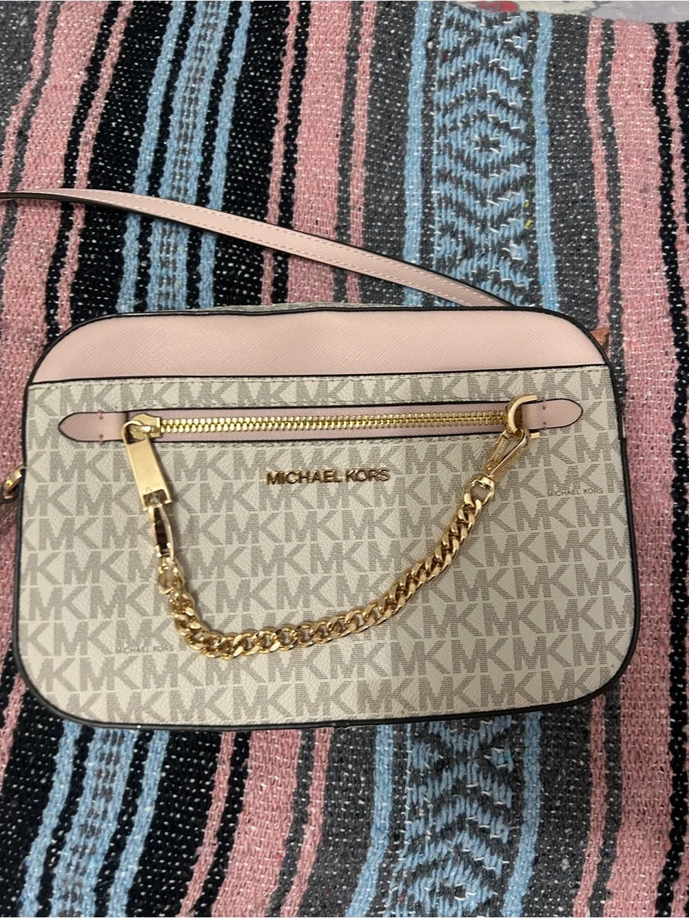 Michael Kors Pink and Vanilla MK Logo Crossbody with Gold Chain